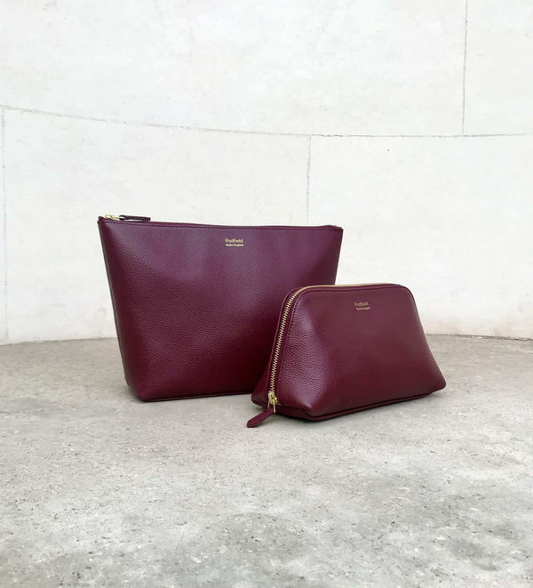 PADFIELD British Made Luxury Burgundy Leather Cosmetic Pouch and slimline Toiletry Wash Bag made in England UK