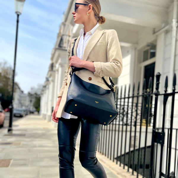 Padfield Sloane Black Leather Zip Shoulder Bag with optional long leather shoulder strap Made in England UK