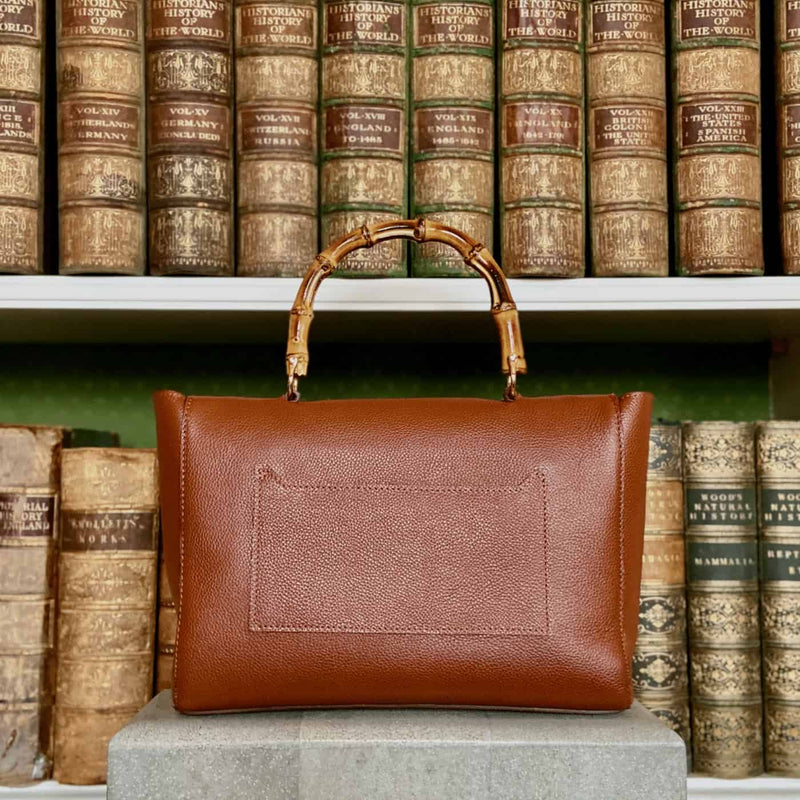 British Made designer luxury tan leather bamboo handle handbag sustainably Made in England UK