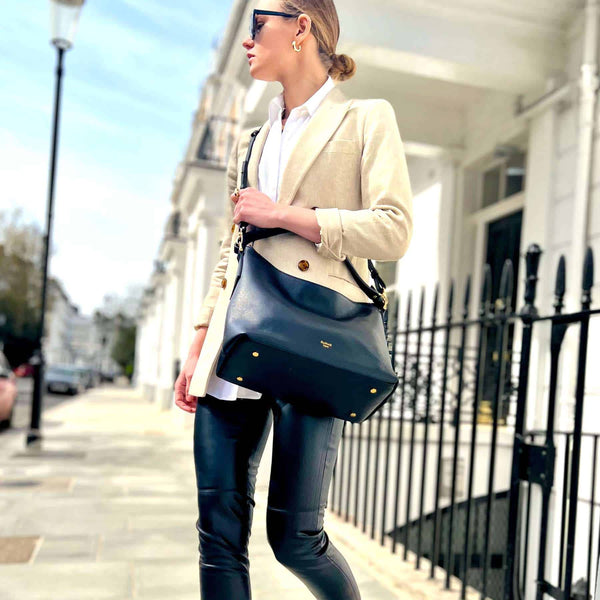 Sloane British designer luxury Made in England UK Black Leather Shoulder Bag with long leather shoulder strap by Padfield