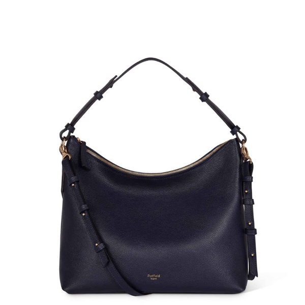 Padfield Sloane Navy Leather Zip Closure Shoulder Bag with optional long leather shoulder strap Made in England UK