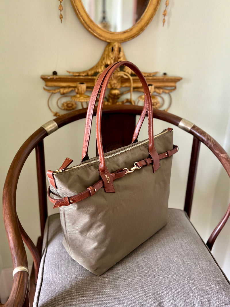 Best of British olive green canvas tan leather zip tote Made in England UK