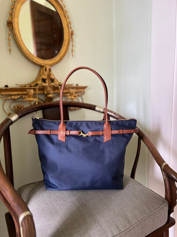Padfield Mayfair British designer navy canvas and tan leather zip tote bag 