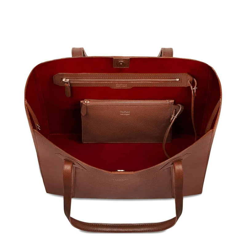 Padfield British made Somersley Tan Leather Tote bag lined with red suede featuring a detachable leather zip pouch 