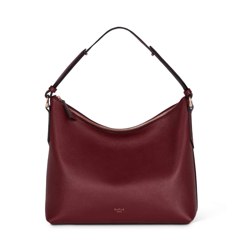 Padfield Sloane British luxury burgundy leather zip shoulder bag with adjustable handle British Made luxury leather bag