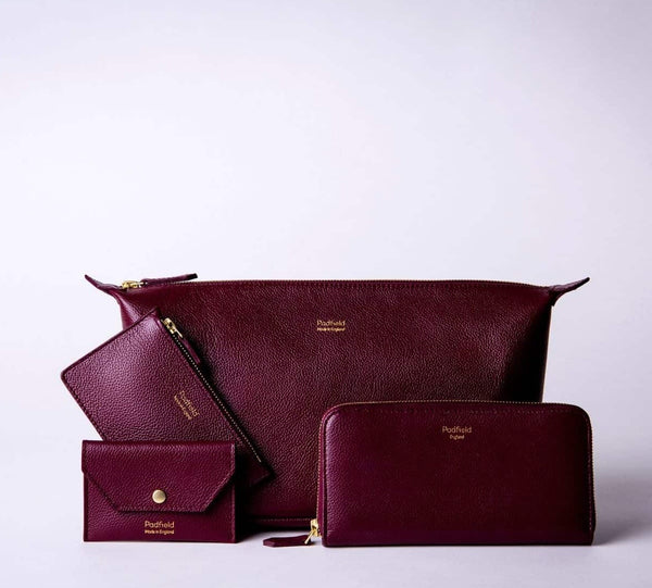 PADFIELD British Made Luxury Burgundy Leather wash bag zip pouch purse and envelope pouch sustainably Made in England UK from British leather