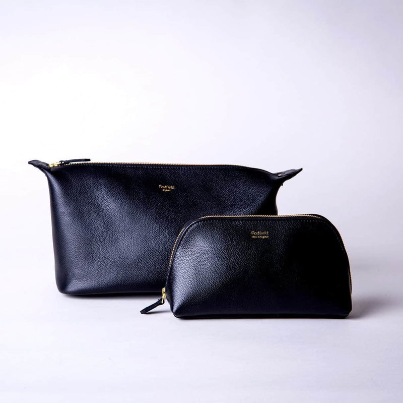 PADFIELD Made in England unisex designer black leather wash bag and matching cosmetic toiletry pouch set