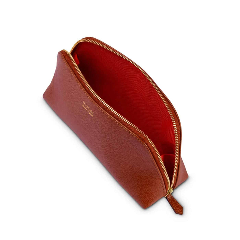 PADFIELD British Made designer tan leather cosmetic pouch with red waterproof canvas lining Made in England luxury leather make up bag