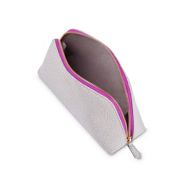 PADFIELD British designer Luxury grey Leather cosmetic pouch with waterproof canvas lining and colour pop purple zip Made in England UK British designer leather travel pouch