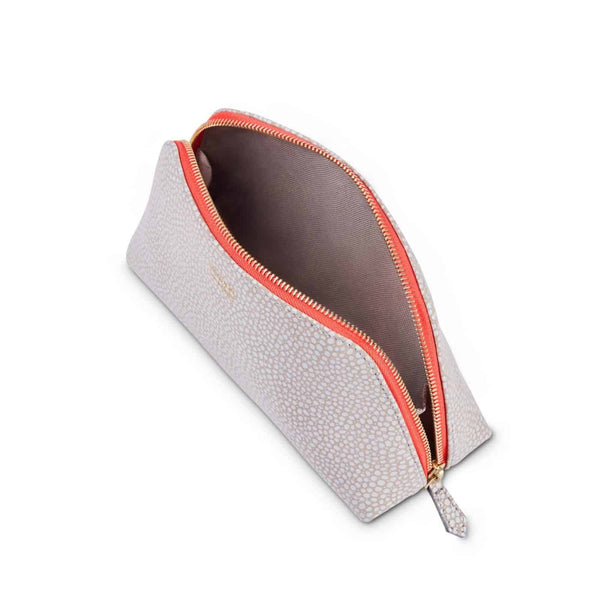 PADFIELD British Made Luxury grey Leather cosmetic pouch with orange colour pop zipper and waterproof canvas lining 