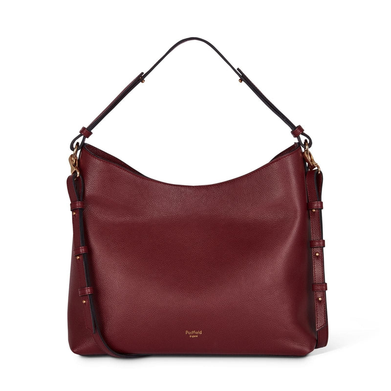 Padfield Sloane Burgundy leather shoulder bag with adjustable handle and detachable long leather strap Made in England UK