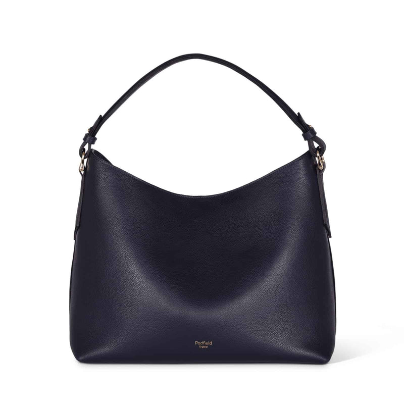 Sloane Navy Blue Leather Shoulder bag with fixed length shoulder strap sustainably Made in England from British leather by Padfield