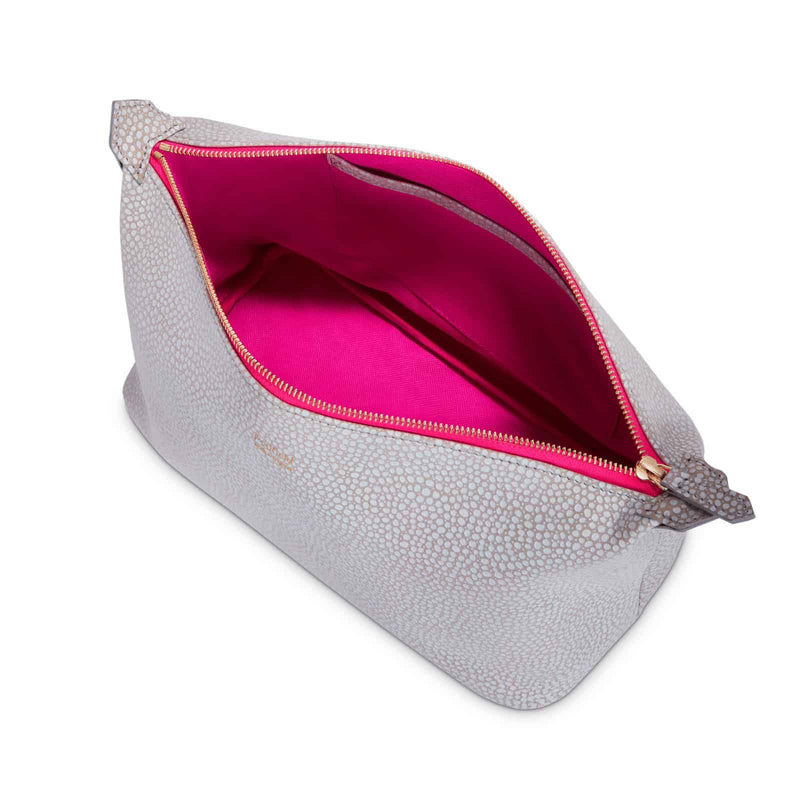 Padfield grey leather wash bag with bright pink waterproof canvas lining British Made luxury leather wash bag