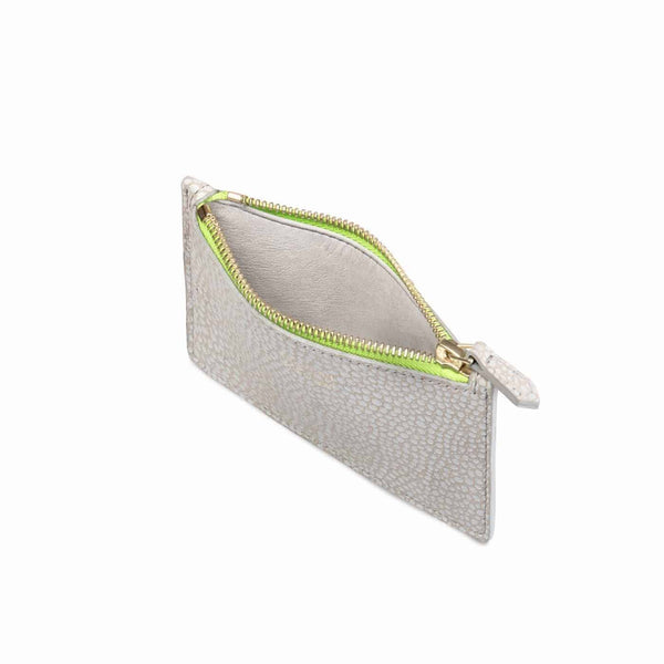 Padfield British Made Luxury Grey Leather Coin Small Zip Pouch with colour pop lime zip Made in England UK