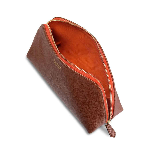 Padfield made in England tan leather unisex cosmetic pouch with orange waterproof lining and colour pop zip Best of British designer leather make up bag