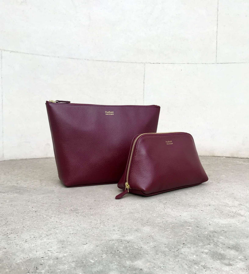 Padfield British Made Luxury Burgundy Leather Cosmetic Pouch and matching Toiletry Wash Pouch Bag Made in England best of British designer leather travel accessories 