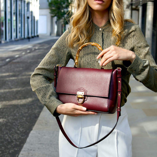 British Designer Handbag Padfield Somerset Burgundy Leather Handbag Bamboo Handle Bag Made In England UK