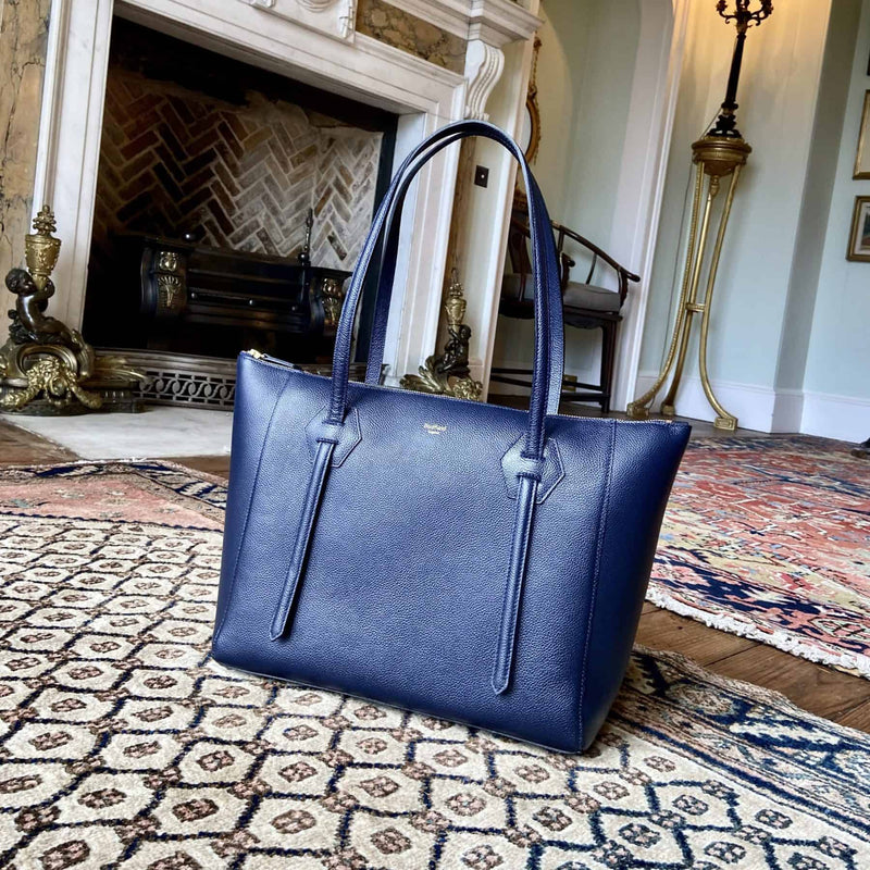 Made in England Navy Leather Tote Handbag with Zip Closure sustainably made British designer shoulder bag