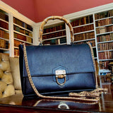 Padfield Somerset Bag British Made Luxury Navy Leather Handbag with gold chain shoulder strap Made in England