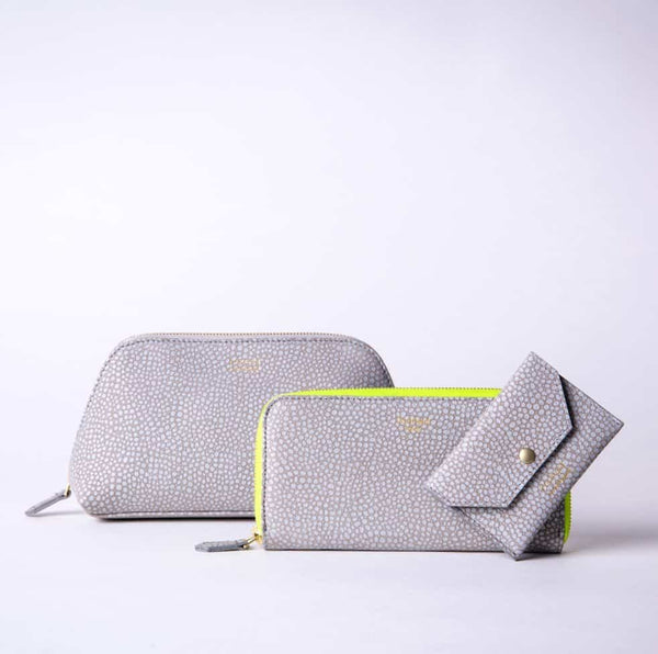 PADFIELD British Made Luxury Grey Leather Cosmetic Toiletry Pouch, Purse and Card Case Envelope Pouch Best of British designer leather goods sustainably Made in England UK