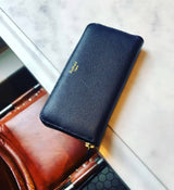 A traditional style navy Leather zip Purse sustainably Made in England UK