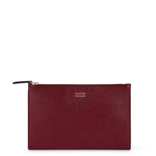 Padfield British designer burgundy leather large zip pouch and clutch bag locally made in England from British leather free worldwide shipping