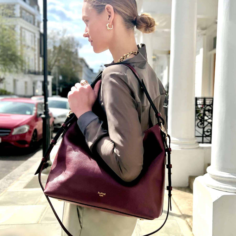 British Made luxury Burgundy leather shoulder bag with detachable long leather strap Made in England UK