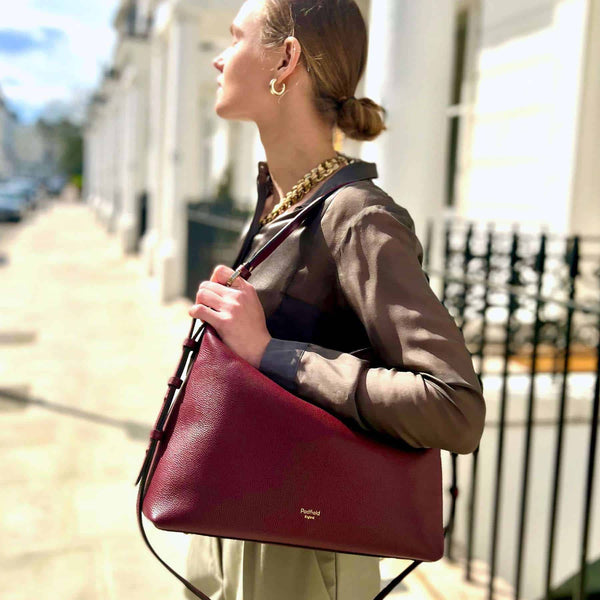 Padfield Sloane Designer British Burgundy Leather Handbag with optional long leather shoulder strap Made in UK