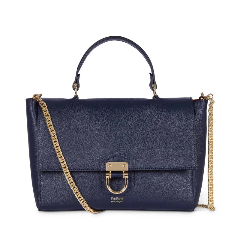 British designer navy leather handbag with detachable gold chain shoulder strap sustainably made in England luxury leather handbag