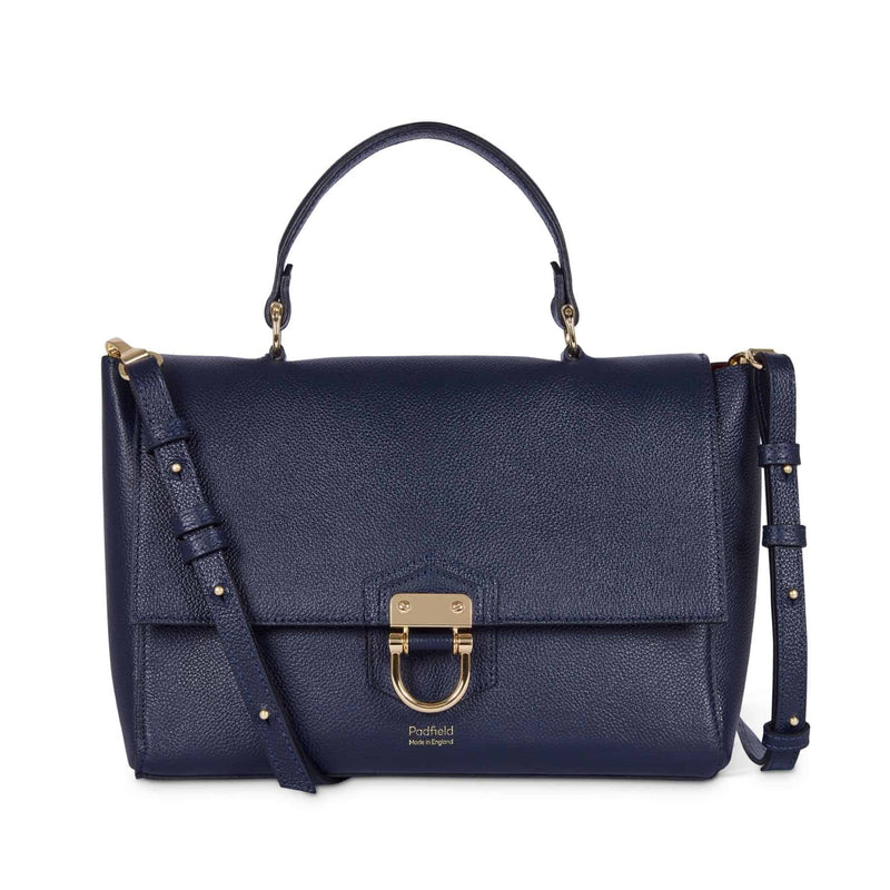 Navy blue leather shoulder strap handbag sustainably Made in England British designer navy leather handbag