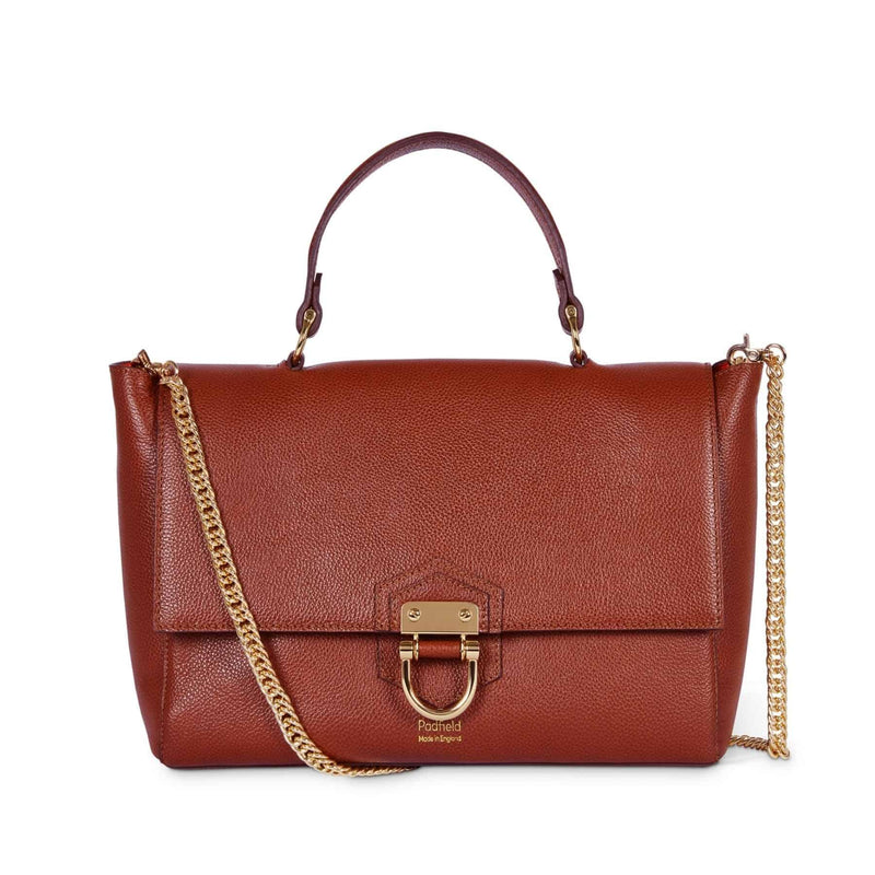 British designer Tan leather Somerset bag with detachable gold chain shoulder strap responsibly made in England UK