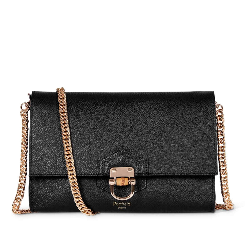 Black Leather Designer British Handbag Gold Chain Shoulder Strap Somerset Clutch Bag Made in UK