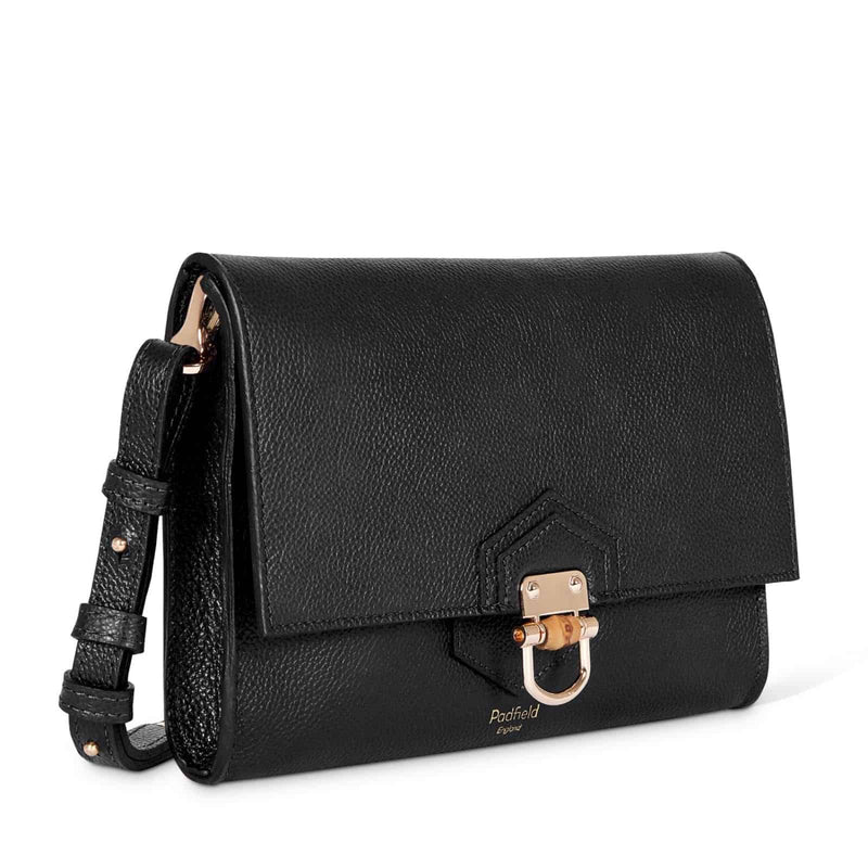 British Luxury Designer Handbag Somerset Black Leather Clutch with Leather shoulder strap Made in UK