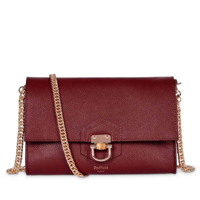 Somerset Burgundy Leather Clutch Bag with gold chain shoulder strap sustainably Made in UK Designer Leather Shoulder handbag 