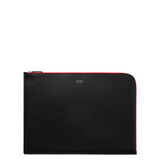 Padfield British designer black leather laptop cover with contrast red zip sustainably made in England UK from British leather