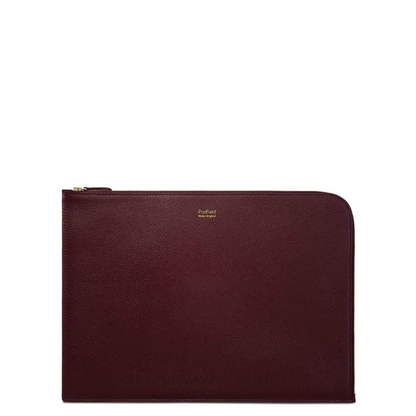 Padfield designer burgundy leather laptop cover with zip closure sustainably Made in England UK from British leather