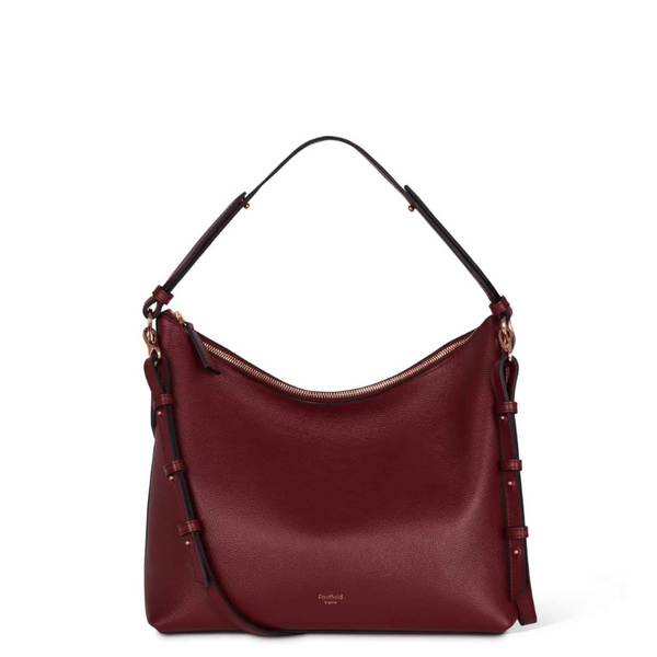 Padfield Sloane Burgundy Leather Zip Closure Shoulder Bag with adjustable handle and detachable long leather shoulder strap Made in England UK