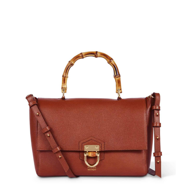 Bamboo Handle tan leather bag with leather shoulder strap Made in England British designer luxury leather handbag