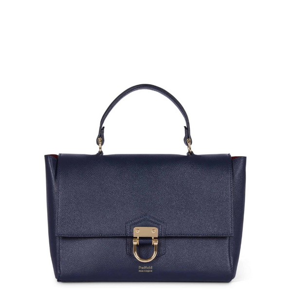 Navy blue leather top handle shoulder bag Made in England designer luxury leather handbag 