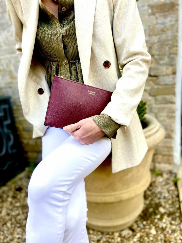 Padfield versatile burgundy large Leather Zip Pouch Clutch Bag sustainably Made in England UK from British leather