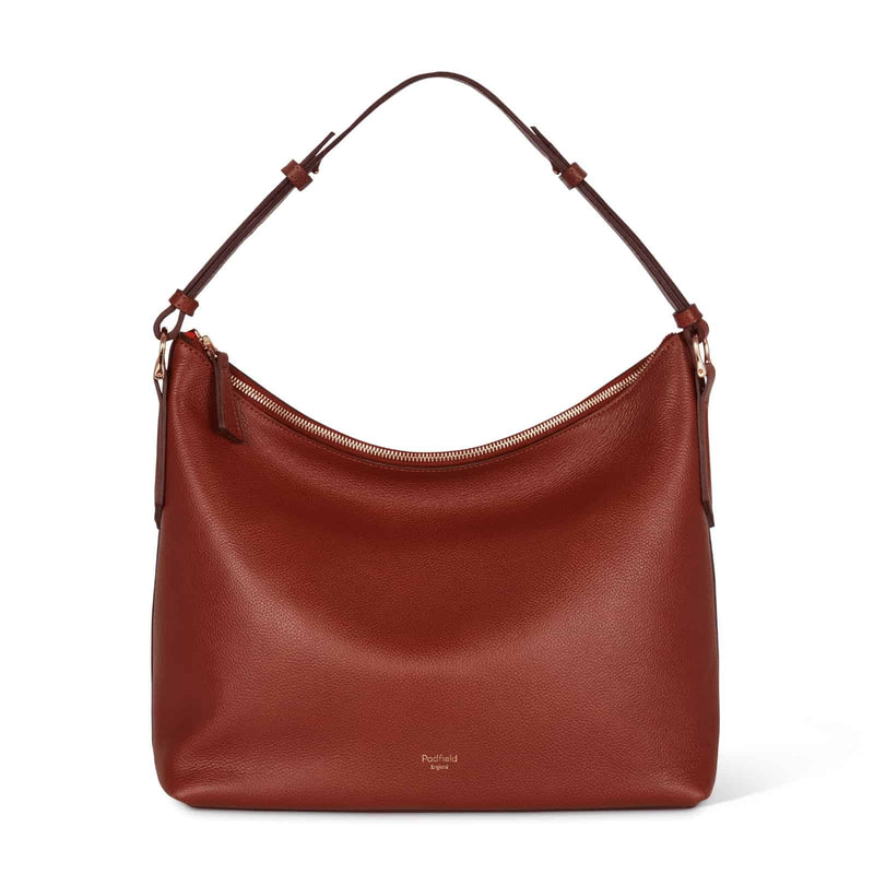 Sloane zip closure tan leather zip closure shoulder bag with adjustable length handle made in England by Padfield
