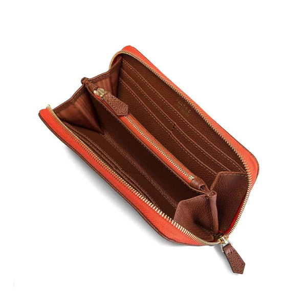 Padfield British Luxury Tan Leather Purse with colour pop orange zippers sustainably Made in England UK
